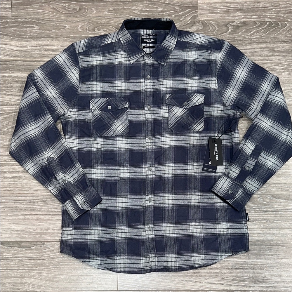 Kenneth Cole Men's Blue and White Plaid Shirt